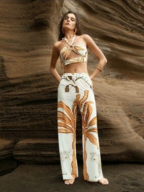Women’s Cream & Brown Printed Wide-Leg Pants